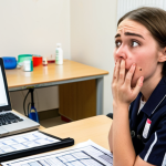 **

A student occupational therapist looking overwhelmed on their first day of fieldwork, surrounded by charts and equipment, with experienced therapists in the background. Focus on the feeling of being a "firehose" of information, with a slightly stressed but determined expression on the student's face. The setting is a bustling, modern rehabilitation clinic.

**