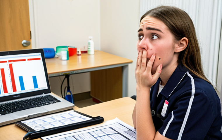 **
A student occupational therapist looking overwhelmed on their first day of fieldwork, surrounded by charts and equipment, with experienced therapists in the background. Focus on the feeling of being a "firehose" of information, with a slightly stressed but determined expression on the student's face. The setting is a bustling, modern rehabilitation clinic.
**