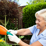 **Occupational therapist assisting a stroke patient with gardening:** A compassionate occupational therapist helps a senior woman, recovering from a stroke affecting her dominant hand, adapt gardening tools and techniques in a sunny garden. Focus on adaptive tools, a supportive atmosphere, and the client's joy.