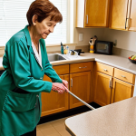 **

A brightly lit, well-organized therapy kitchen. An occupational therapist guides an elderly woman with a cane as she reaches for a lightweight pan on a slightly lower shelf. The therapist is spotting her and offering verbal cues. Focus on the patient's focused expression and the therapist's supportive posture. Incorporate grab bars near the sink and stove as well as good lighting.

**