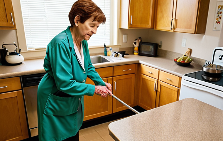**
A brightly lit, well-organized therapy kitchen. An occupational therapist guides an elderly woman with a cane as she reaches for a lightweight pan on a slightly lower shelf. The therapist is spotting her and offering verbal cues. Focus on the patient's focused expression and the therapist's supportive posture. Incorporate grab bars near the sink and stove as well as good lighting.
**
