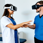 A compassionate female occupational therapist in professional attire, assisting a male adult patient. The patient is wearing a sleek, modern VR headset, his well-formed hands (with proper finger count) lightly grasping virtual controllers, seemingly engaged in a therapeutic game for motor skill recovery. The therapist stands beside him, observing attentively, with a tablet displaying real-time data related to the VR session. The scene is set in a brightly lit, clean, modern rehabilitation clinic with subtle technological elements in the background. The mood is hopeful, innovative, and focused. fully clothed, modest clothing, appropriate attire, professional dress, safe for work, appropriate content, professional, family-friendly, perfect anatomy, correct proportions, natural pose, natural body proportions, high-quality, professional photography.