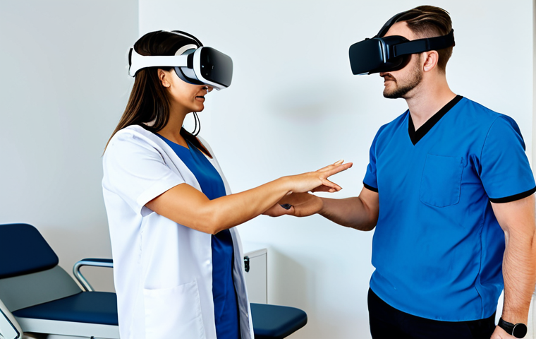 A compassionate female occupational therapist in professional attire, assisting a male adult patient. The patient is wearing a sleek, modern VR headset, his well-formed hands (with proper finger count) lightly grasping virtual controllers, seemingly engaged in a therapeutic game for motor skill recovery. The therapist stands beside him, observing attentively, with a tablet displaying real-time data related to the VR session. The scene is set in a brightly lit, clean, modern rehabilitation clinic with subtle technological elements in the background. The mood is hopeful, innovative, and focused. fully clothed, modest clothing, appropriate attire, professional dress, safe for work, appropriate content, professional, family-friendly, perfect anatomy, correct proportions, natural pose, natural body proportions, high-quality, professional photography.