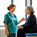A professional occupational therapist, fully clothed in a modest clinic uniform, sits with a mature adult patient in a sunlit therapy room. The therapist is engaged in empathetic listening, leaning slightly forward with a calm, understanding expression, while the patient, dressed in appropriate, comfortable clothing, gestures naturally as they speak. The scene captures a quiet moment of deep connection and understanding, reflecting true patient engagement. safe for work, appropriate content, fully clothed, professional, perfect anatomy, correct proportions, natural pose, well-formed hands, proper finger count, natural body proportions, realistic photography, high quality.