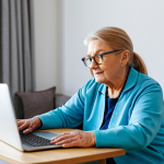 **

"A physical therapist conducting a telehealth session with a senior patient in her living room. The patient is fully clothed, wearing comfortable clothes, and performing exercises under the therapist's guidance on a laptop screen. The background shows a cozy, well-lit living space. Safe for work, appropriate content, fully clothed, professional, perfect anatomy, natural pose, well-lit, high resolution."

**