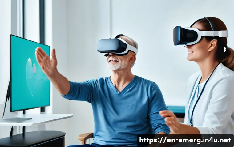 작업치료사의 최신 임상 사례 연구 - A modern occupational therapy clinic scene showing a middle-aged stroke survivor wearing comfortable...