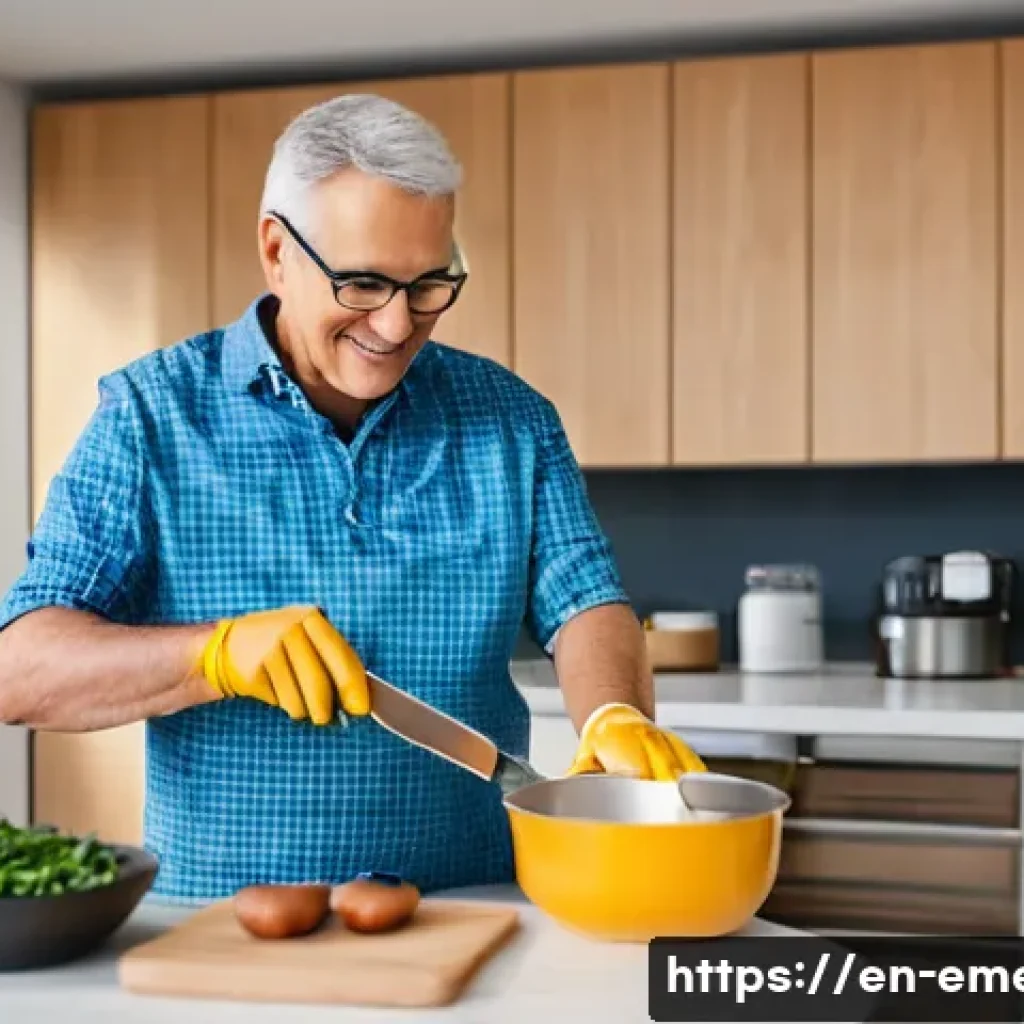 작업치료사의 치료 목표 성취 사례 - A warm and inviting occupational therapy session in a modern home kitchen, featuring a middle-aged a...