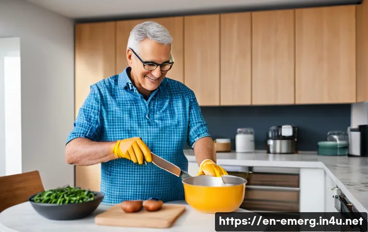 작업치료사의 치료 목표 성취 사례 - A warm and inviting occupational therapy session in a modern home kitchen, featuring a middle-aged a...