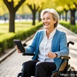 작업치료사의 의료 보조기기 추천 - A vibrant, realistic scene of a middle-aged woman using a sleek, modern powered wheelchair outdoors ...