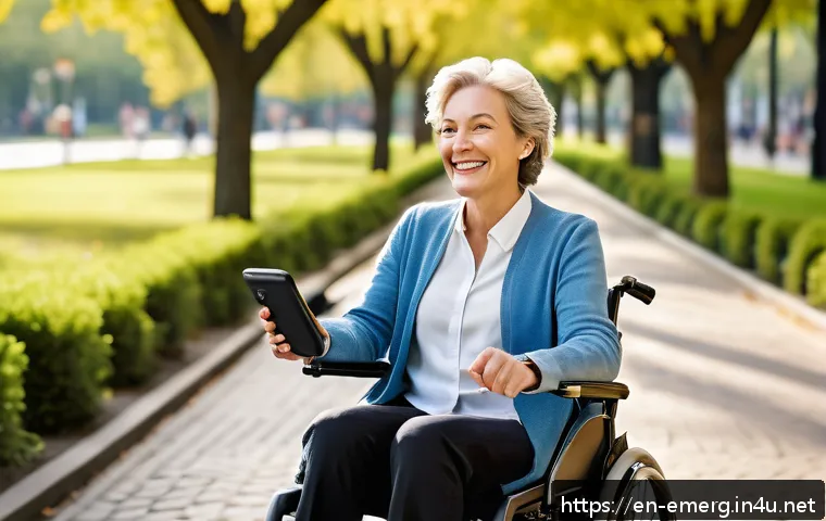작업치료사의 의료 보조기기 추천 - A vibrant, realistic scene of a middle-aged woman using a sleek, modern powered wheelchair outdoors ...