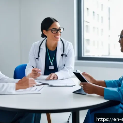 작업치료사의 팀 내 협업 사례 - A warm, modern healthcare team meeting in a bright, spacious hospital conference room, featuring a d...