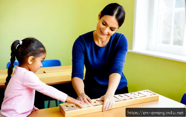 작업치료사의 교육적 역할 - Photorealistic occupational therapist guiding an elementary-school child through a colorful fine-mot...